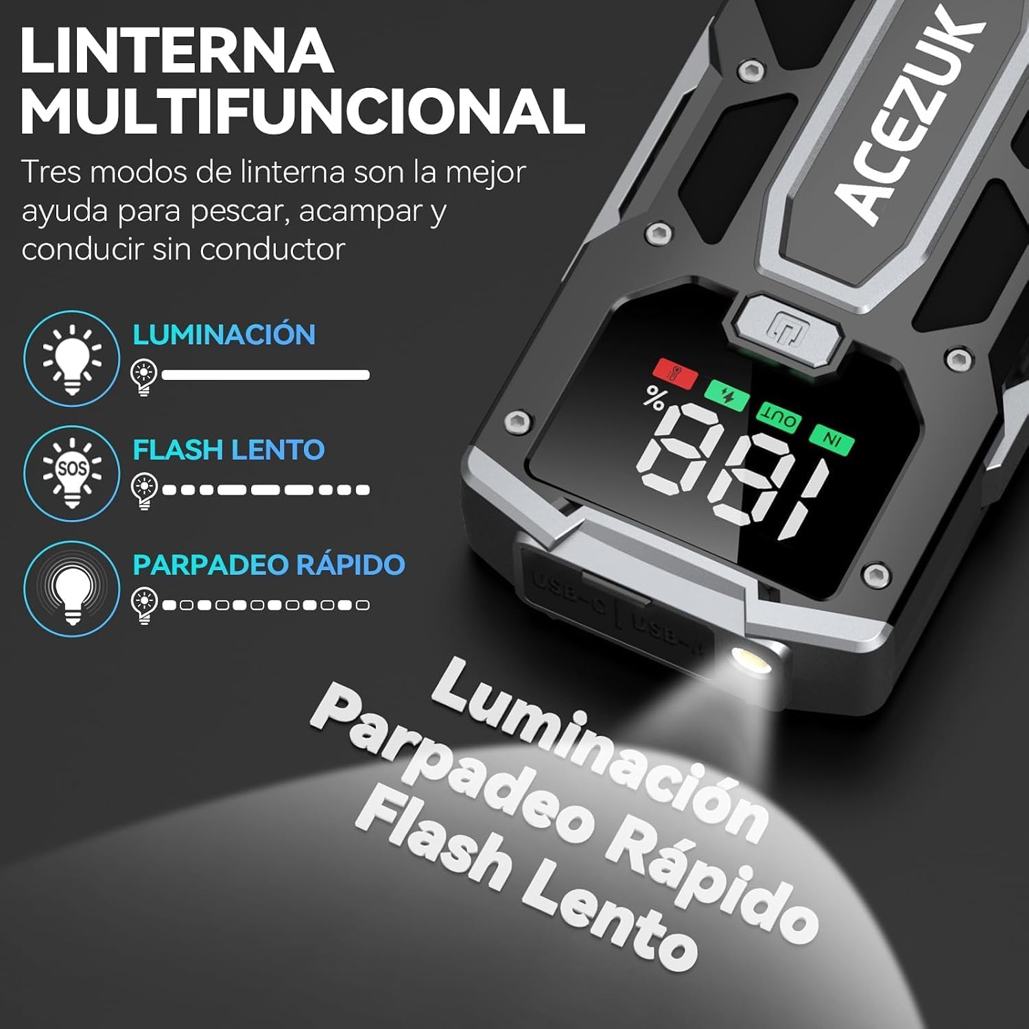 ACEZUK Arrancador de Coches 8000A, 12V Arrancador de Baterias de Coches (para 5.5L Disésel o 7.0L Gas), Jump Starter con 2.5 Inch Pantalla LCD, Clips de Seguridad Inteligentes, Luz LED