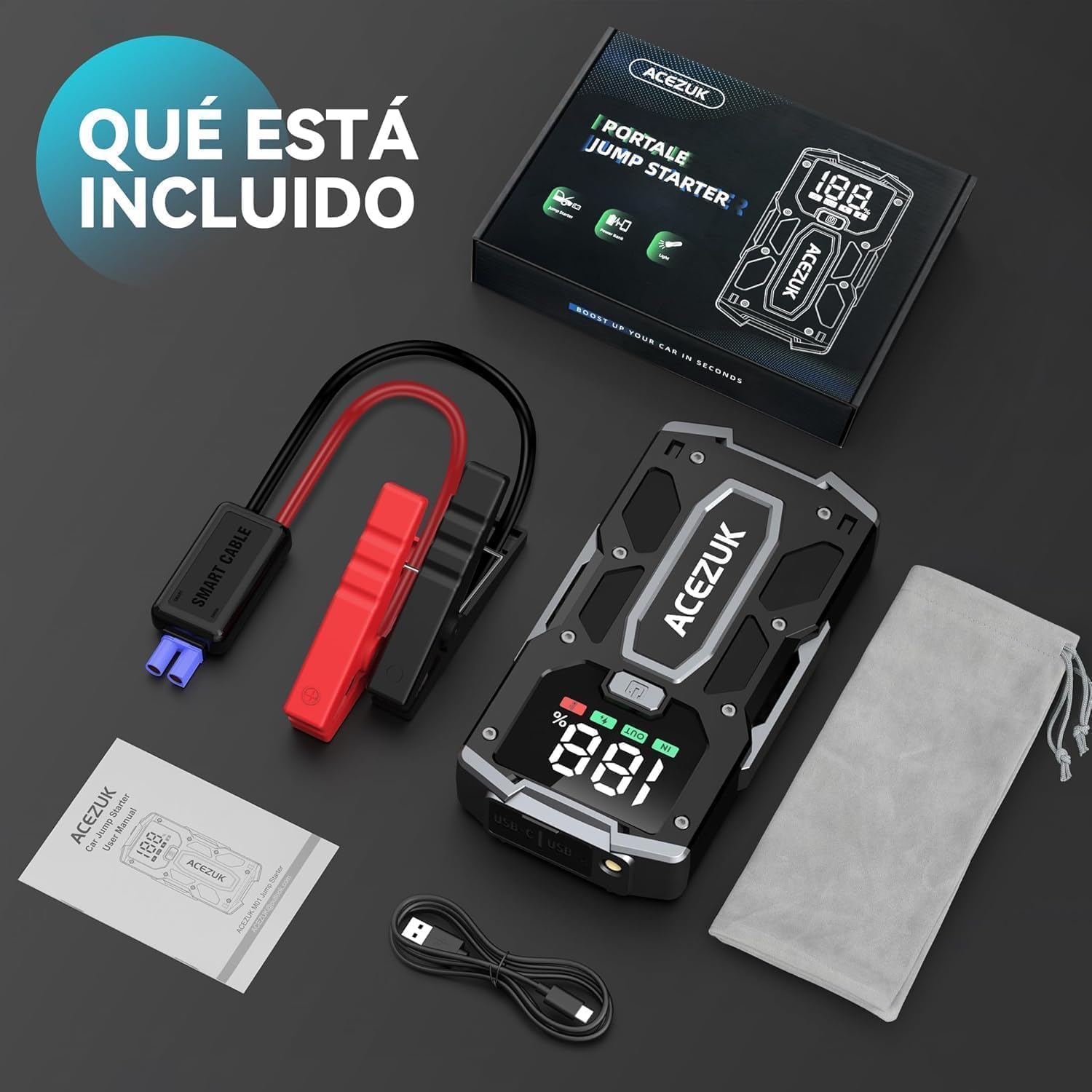 ACEZUK Arrancador de Coches 8000A, 12V Arrancador de Baterias de Coches (para 5.5L Disésel o 7.0L Gas), Jump Starter con 2.5 Inch Pantalla LCD, Clips de Seguridad Inteligentes, Luz LED