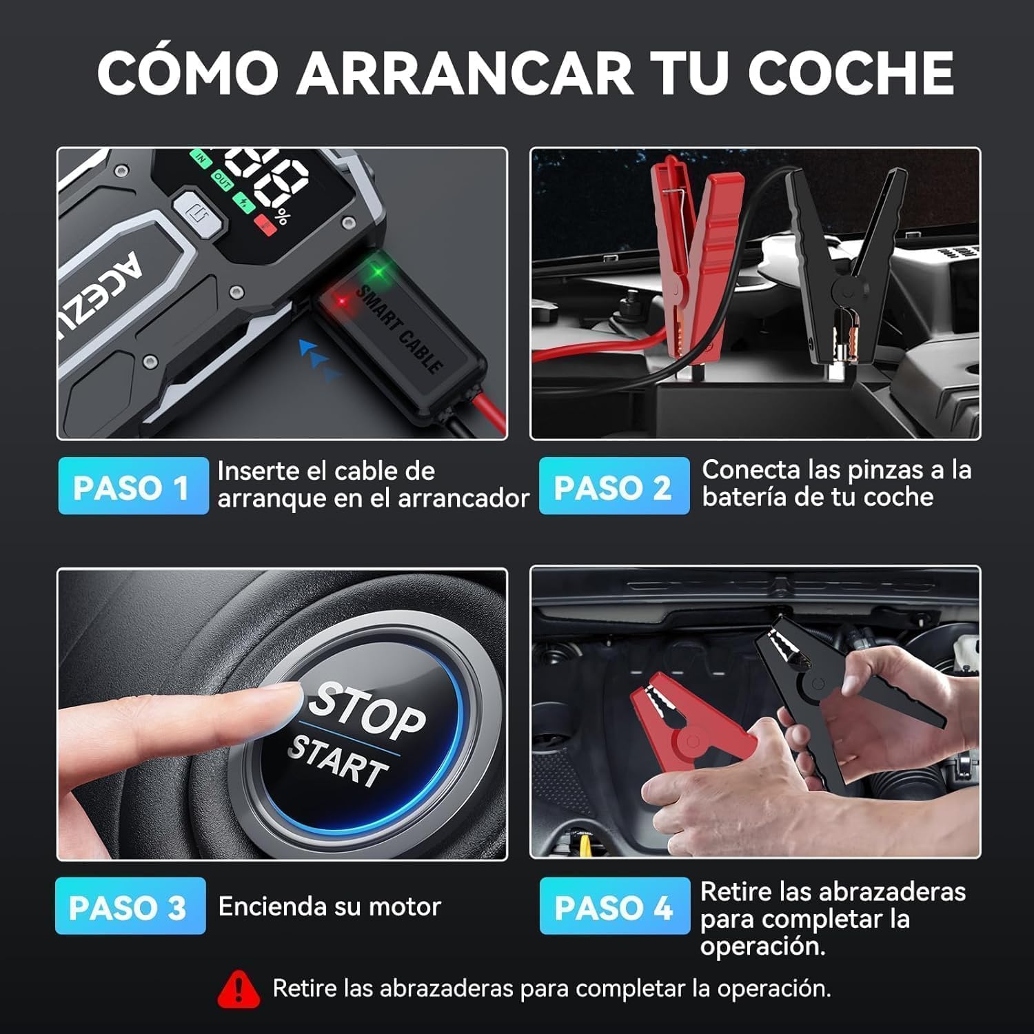 ACEZUK Arrancador de Coches 8000A, 12V Arrancador de Baterias de Coches (para 5.5L Disésel o 7.0L Gas), Jump Starter con 2.5 Inch Pantalla LCD, Clips de Seguridad Inteligentes, Luz LED