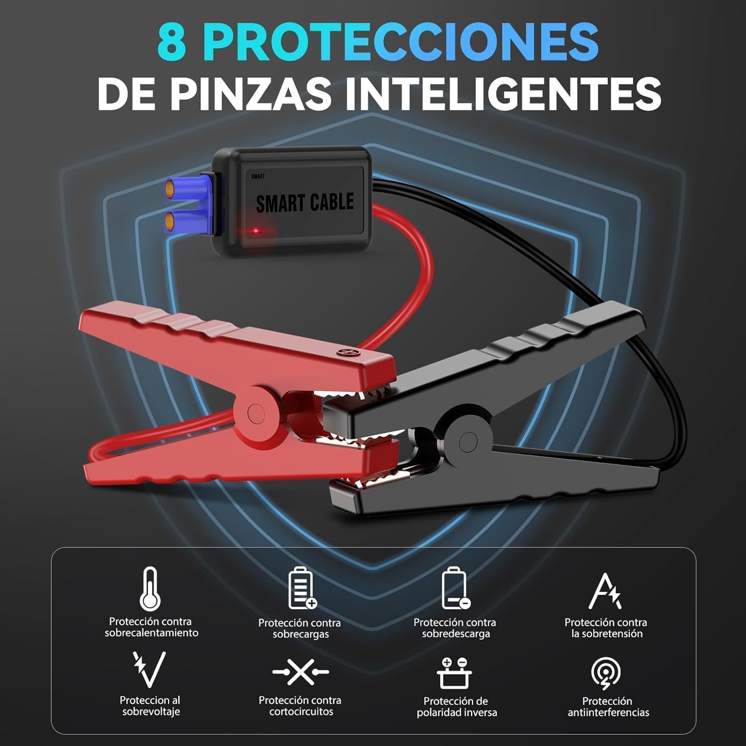 ACEZUK Arrancador de Coches 8000A, 12V Arrancador de Baterias de Coches (para 5.5L Disésel o 7.0L Gas), Jump Starter con 2.5 Inch Pantalla LCD, Clips de Seguridad Inteligentes, Luz LED