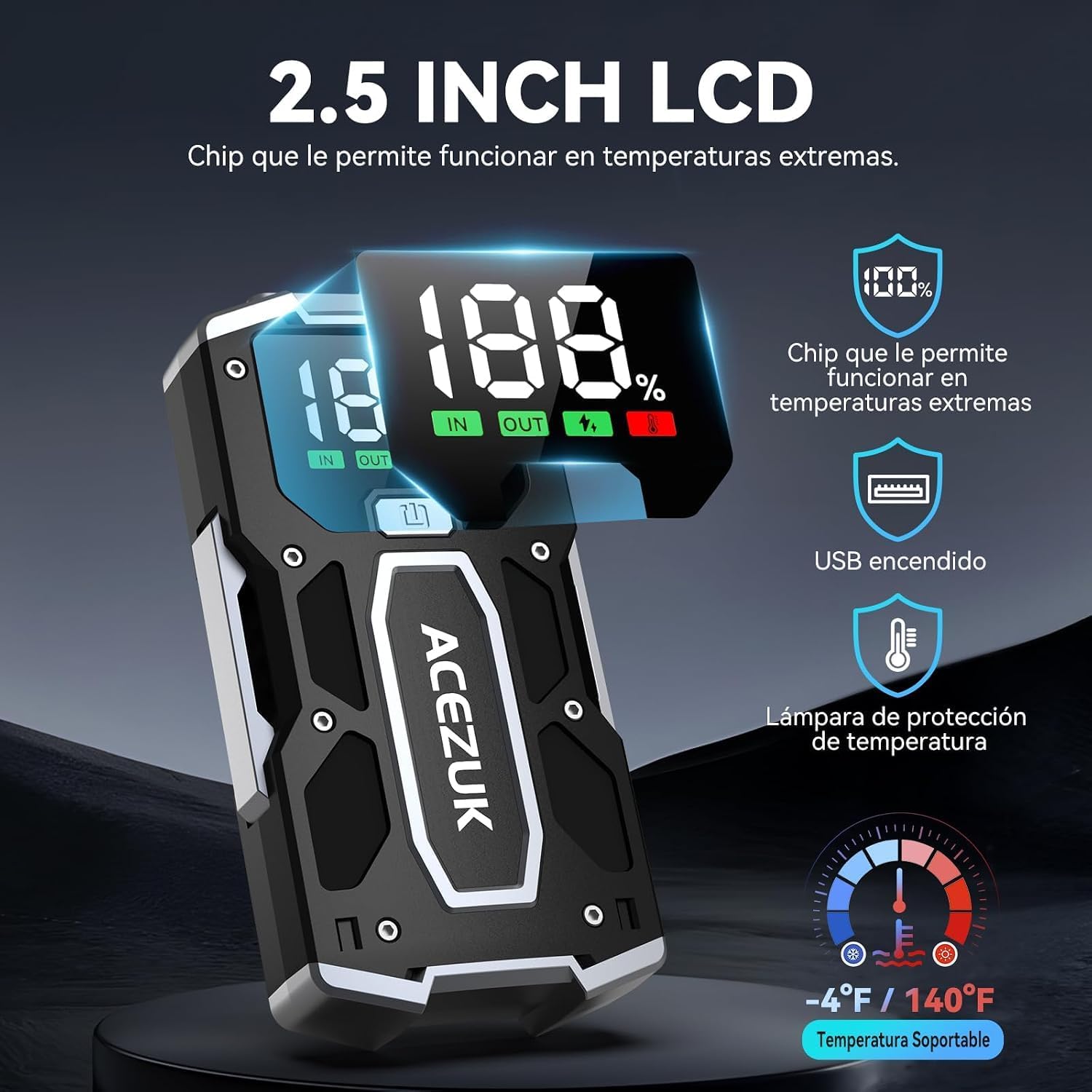 ACEZUK Arrancador de Coches 8000A, 12V Arrancador de Baterias de Coches (para 5.5L Disésel o 7.0L Gas), Jump Starter con 2.5 Inch Pantalla LCD, Clips de Seguridad Inteligentes, Luz LED