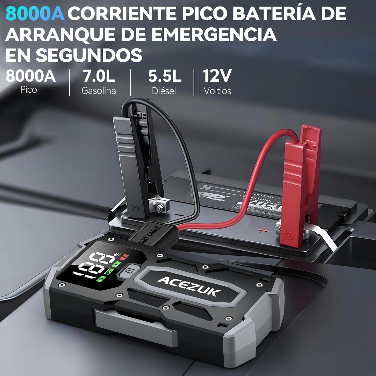 ACEZUK Arrancador de Coches 8000A, 12V Arrancador de Baterias de Coches (para 5.5L Disésel o 7.0L Gas), Jump Starter con 2.5 Inch Pantalla LCD, Clips de Seguridad Inteligentes, Luz LED