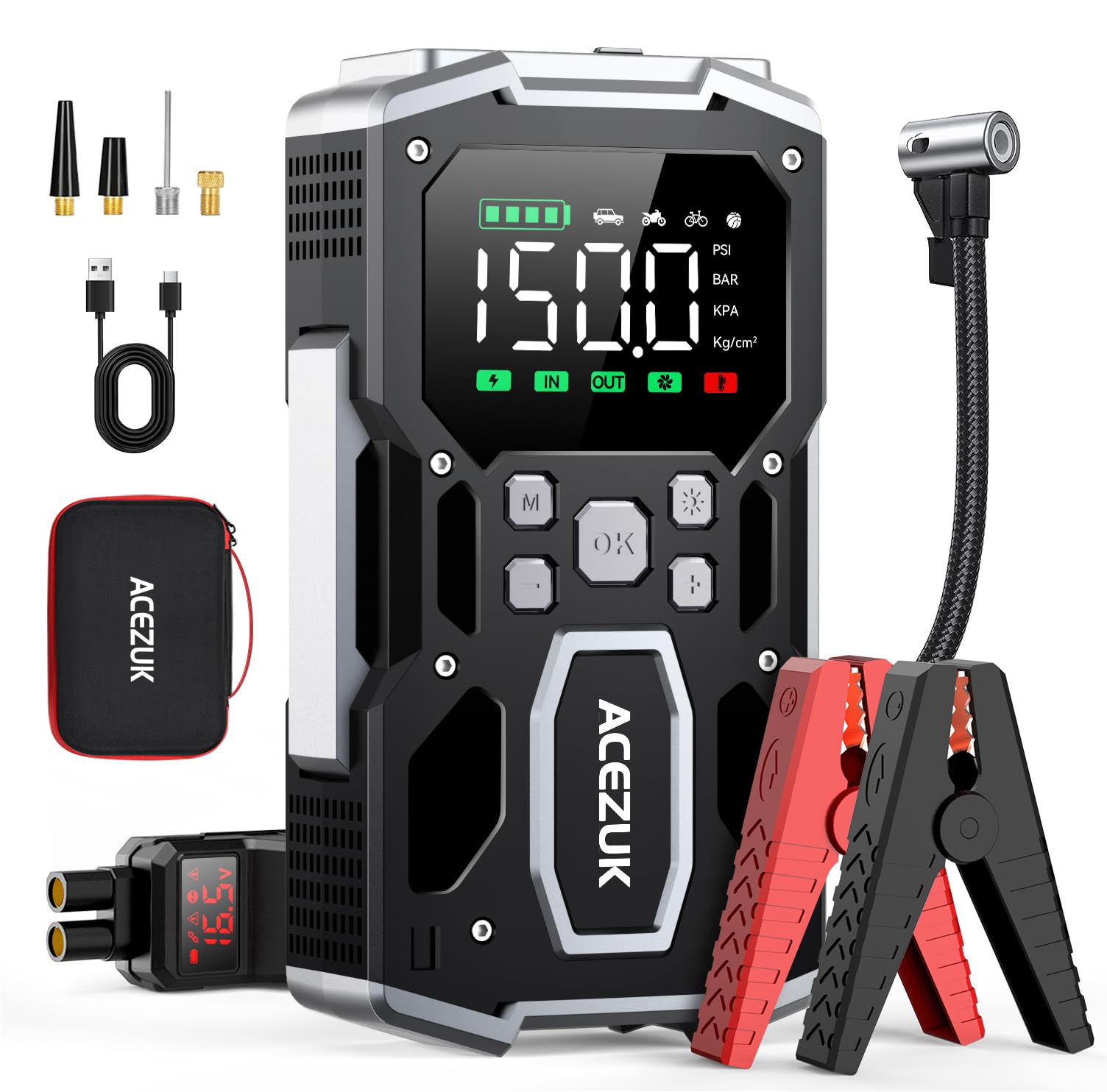 ACEZUK - Arrancador de batería de Coche con compresor de Aire, 4000 A, inflador de neumáticos de 150 PSI, 26 800 mAh, 12 V, para Coche de Gasolina o diésel de 10 L, led de 4000 lúmenes