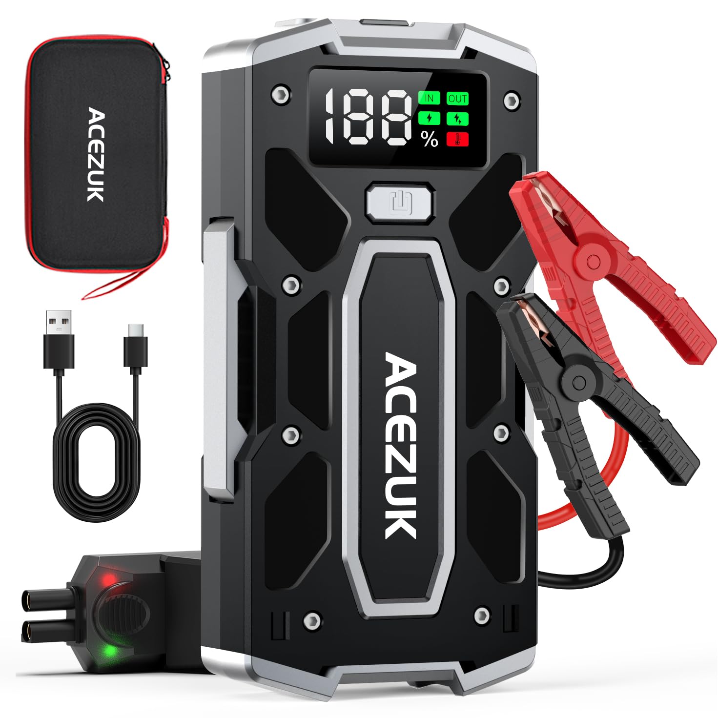 Acezuk, Arrancador de batería para vehículos, 7000 A, arrancador de Emergencia para Coche/Moto (10 L de Gasolina o 8 L de diésel), portátil, con luz LED/LCD y Puerto QC3.0