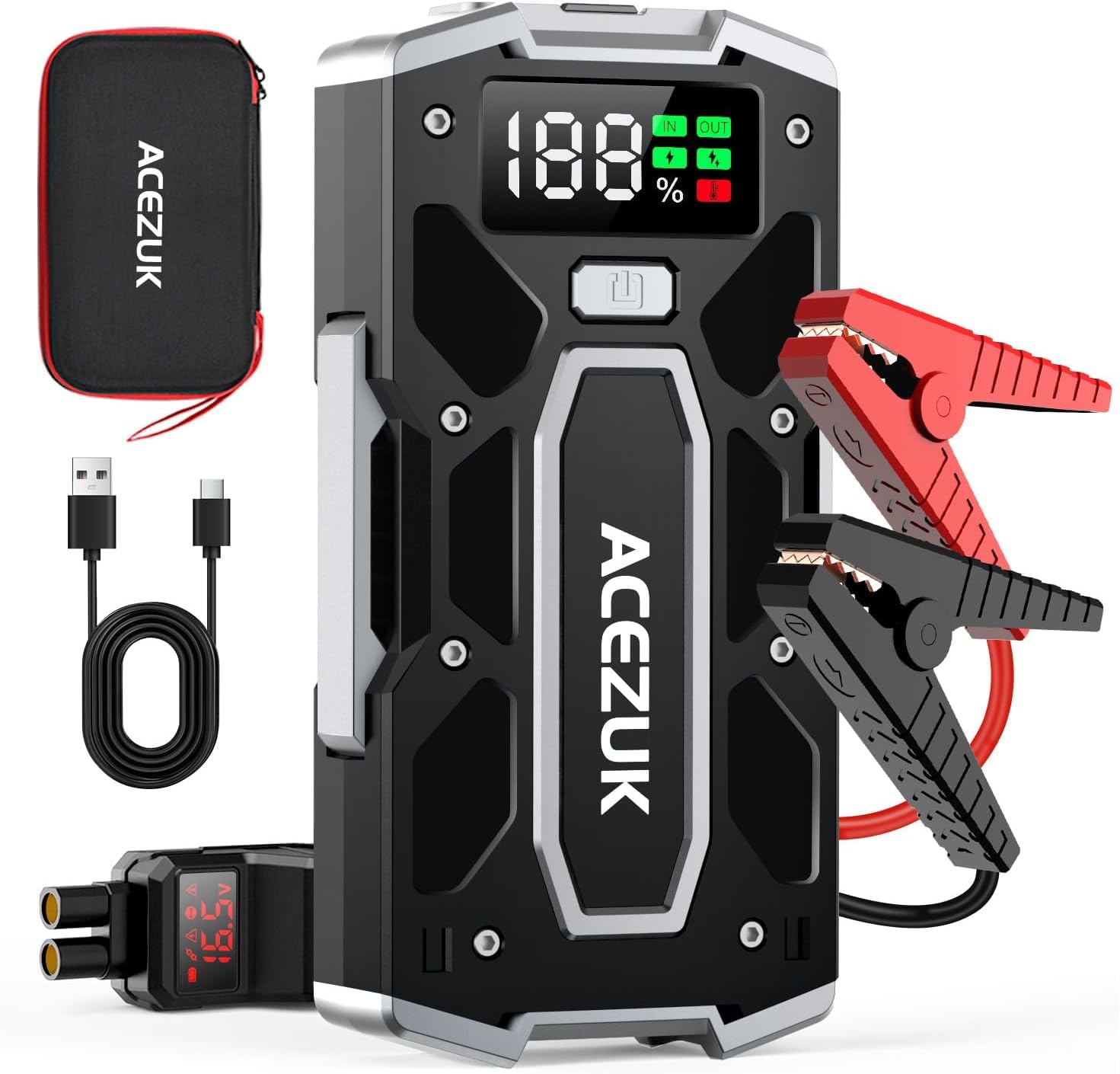 Arrancador de batería, inteligente de 6000 A (10.0 L de gas/8.0 L diésel), paquete de batería portátil de arranque de coche con cables de puente inteligentes extendidos, arrancador de coche con
