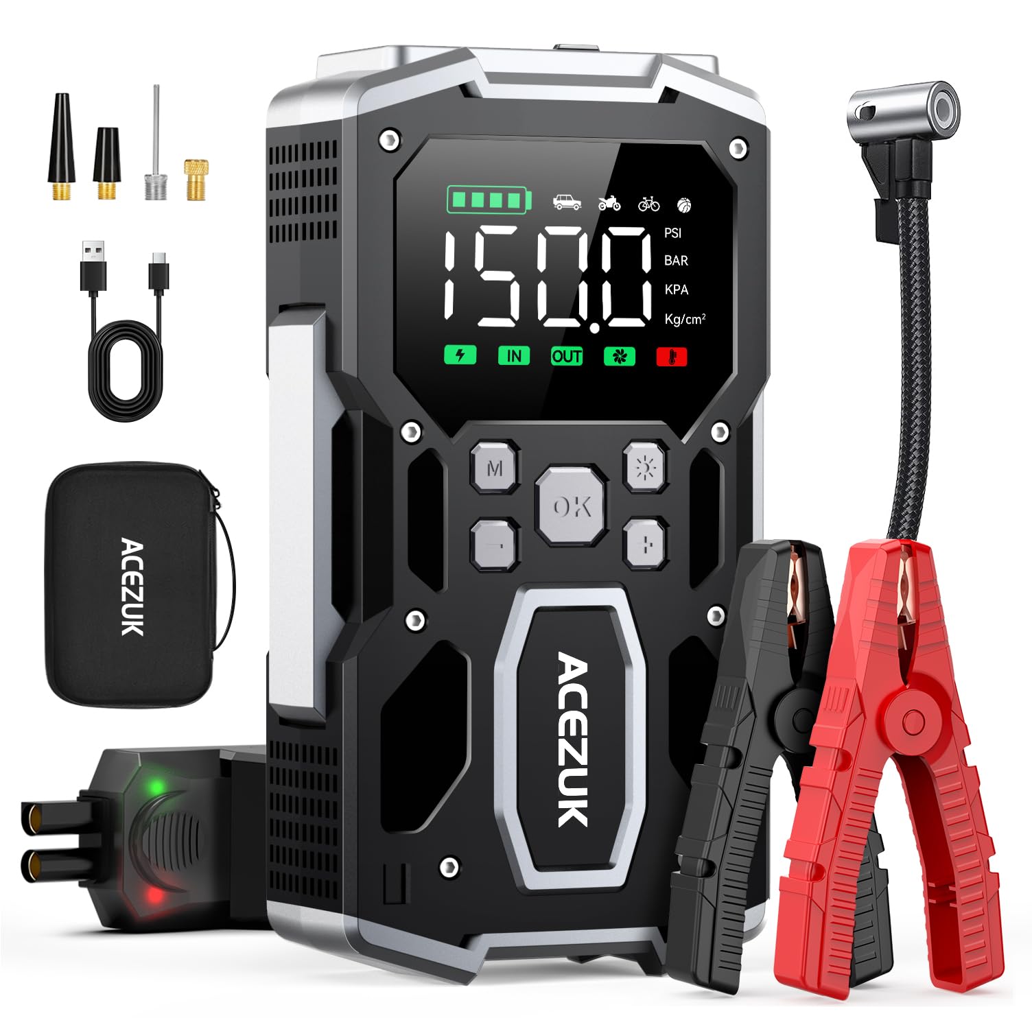 ACEZUK Arrancador de Batería de Coche 9000A, Compresor de Aire 150PSI, Arrancador de Coches para Vehículo(Toda Gasolina o 10L Diésel), 12V Jump Starter con 400-Lumen LED