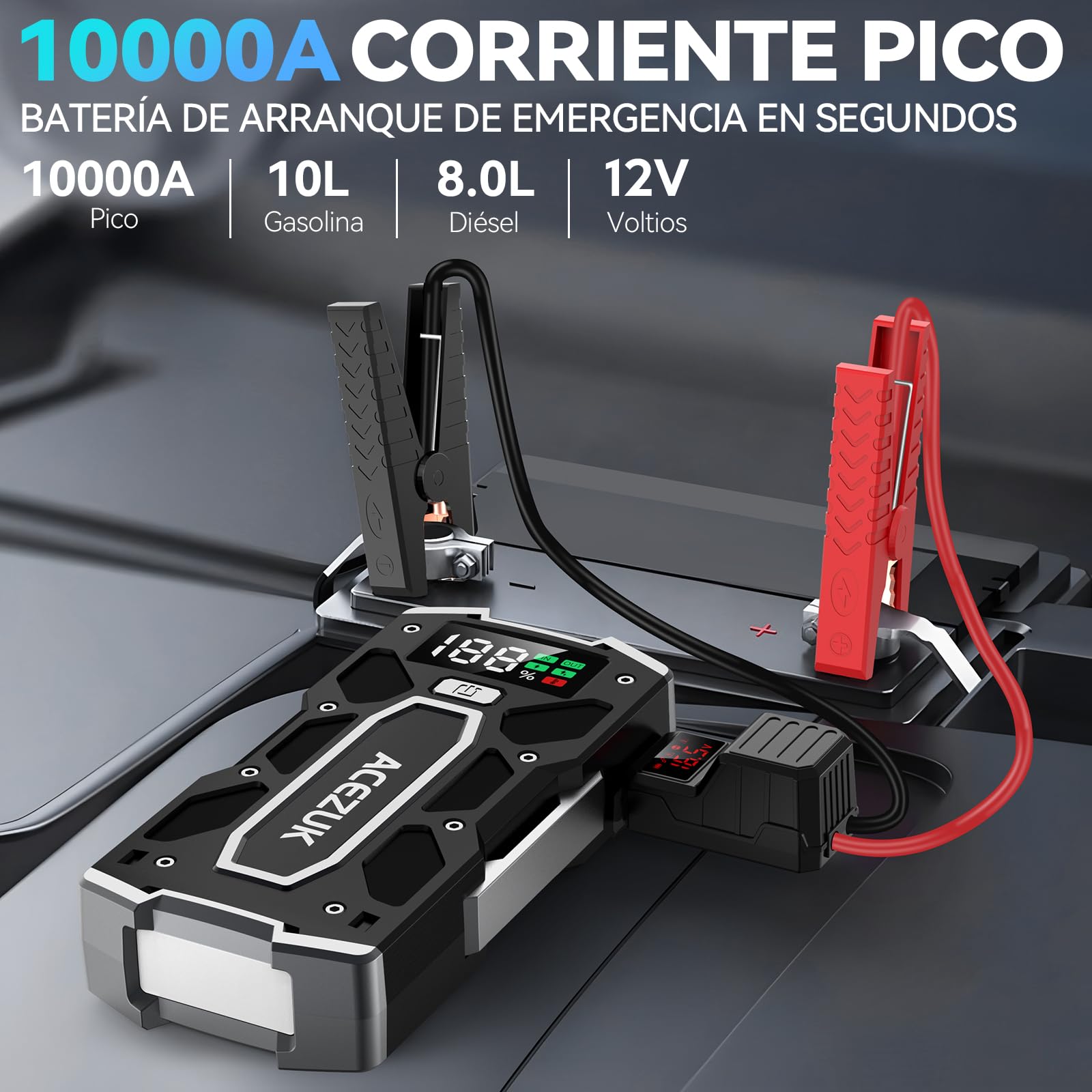 ACEZUK Arrancador de Coches 10000A, Arrancadores de Bateria de Coche Portátil(hasta 8.0L de diésel o 10.0L de Gasolina), 12V Jump Starter, Pinzas Inteligentes con Pantalla, Luz LED, Puerto QC3.0