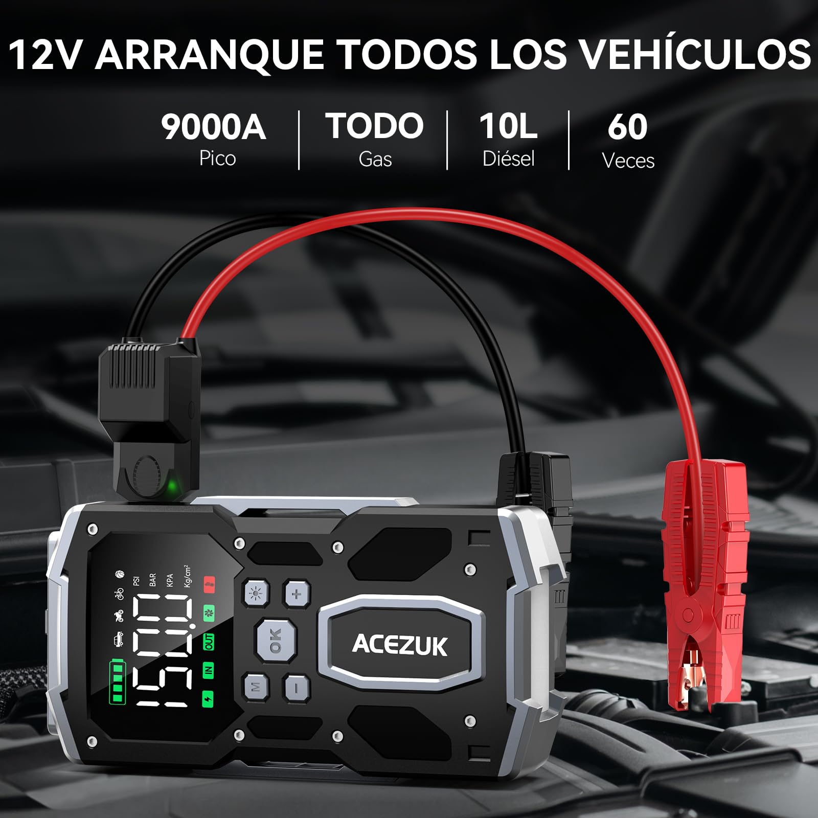 ACEZUK Arrancador de Batería de Coche 9000A, Compresor de Aire 150PSI, Arrancador de Coches para Vehículo(Toda Gasolina o 10L Diésel), 12V Jump Starter con 400-Lumen LED