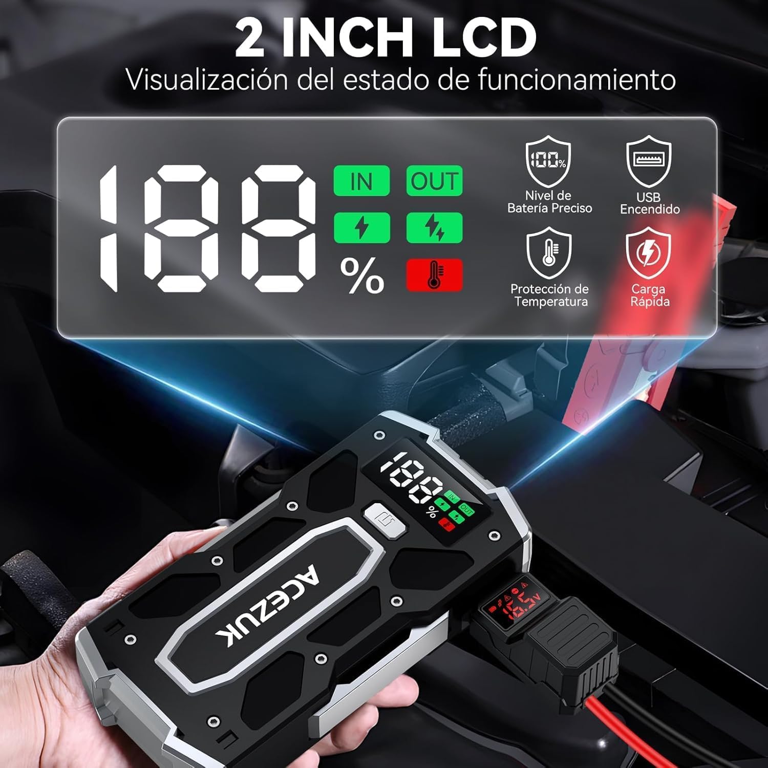 ACEZUK Arrancador de Coches 10000A, Arrancadores de Bateria de Coche Portátil(hasta 8.0L de diésel o 10.0L de Gasolina), 12V Jump Starter, Pinzas Inteligentes con Pantalla, Luz LED, Puerto QC3.0