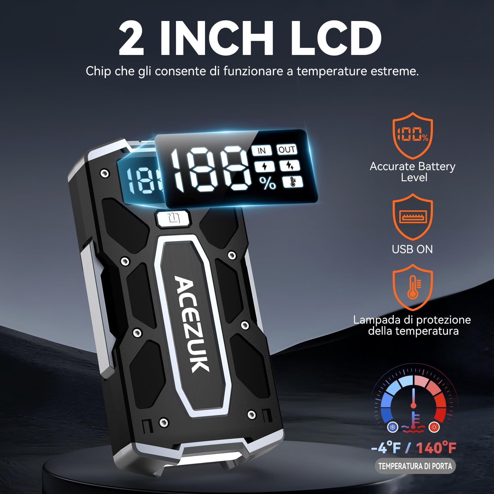 Acezuk, Arrancador de batería para vehículos, 7000 A, arrancador de Emergencia para Coche/Moto (10 L de Gasolina o 8 L de diésel), portátil, con luz LED/LCD y Puerto QC3.0