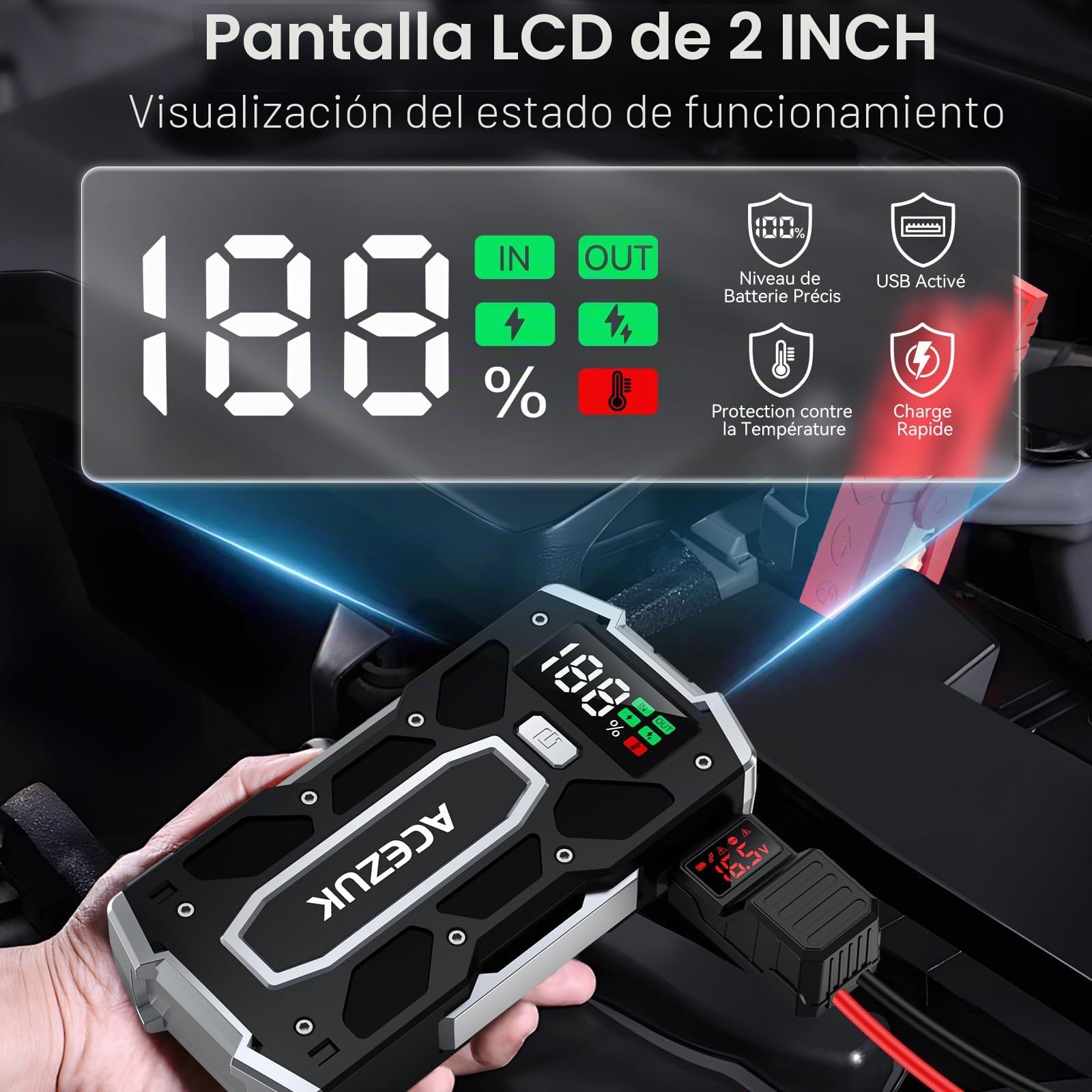 ACEZUK Arrancador de Coches, Jump Starter Portable, Arrancador de Baterias de Coche 3000A