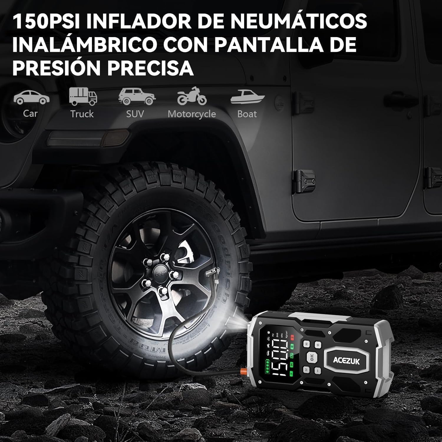 ACEZUK Arrancador de Batería de Coche 9000A, Compresor de Aire 150PSI, Arrancador de Coches para Vehículo(Toda Gasolina o 10L Diésel), 12V Jump Starter con 400-Lumen LED