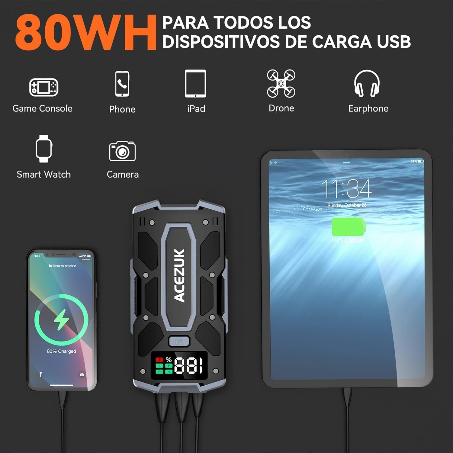 ACEZUK Arrancador de Coches 10000A, Arrancadores de Bateria de Coche Portátil(hasta 8.0L de diésel o 10.0L de Gasolina), 12V Jump Starter, Pinzas Inteligentes con Pantalla, Luz LED, Puerto QC3.0