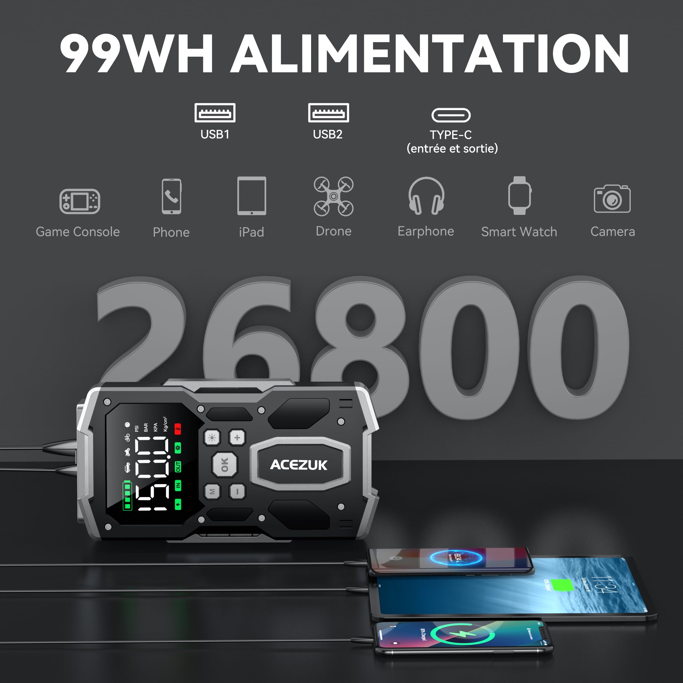 ACEZUK - Arrancador de batería de Coche con compresor de Aire, 4000 A, inflador de neumáticos de 150 PSI, 26 800 mAh, 12 V, para Coche de Gasolina o diésel de 10 L, led de 4000 lúmenes