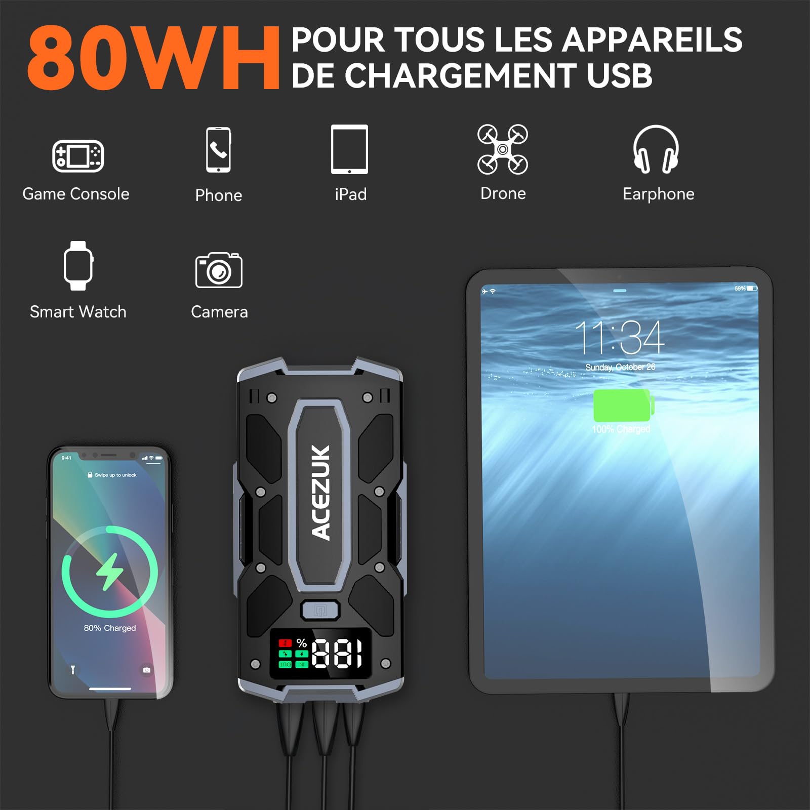 Arrancador de batería, inteligente de 6000 A (10.0 L de gas/8.0 L diésel), paquete de batería portátil de arranque de coche con cables de puente inteligentes extendidos, arrancador de coche con