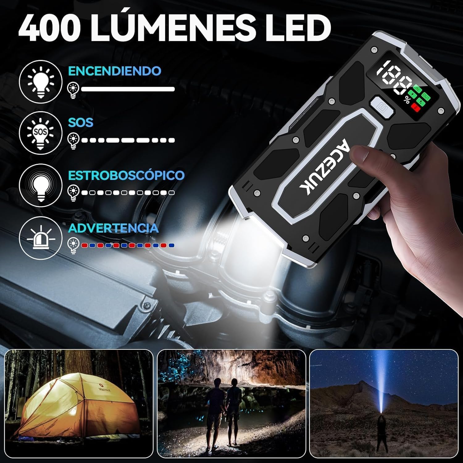 ACEZUK Arrancador de Coches 10000A, Arrancadores de Bateria de Coche Portátil(hasta 8.0L de diésel o 10.0L de Gasolina), 12V Jump Starter, Pinzas Inteligentes con Pantalla, Luz LED, Puerto QC3.0