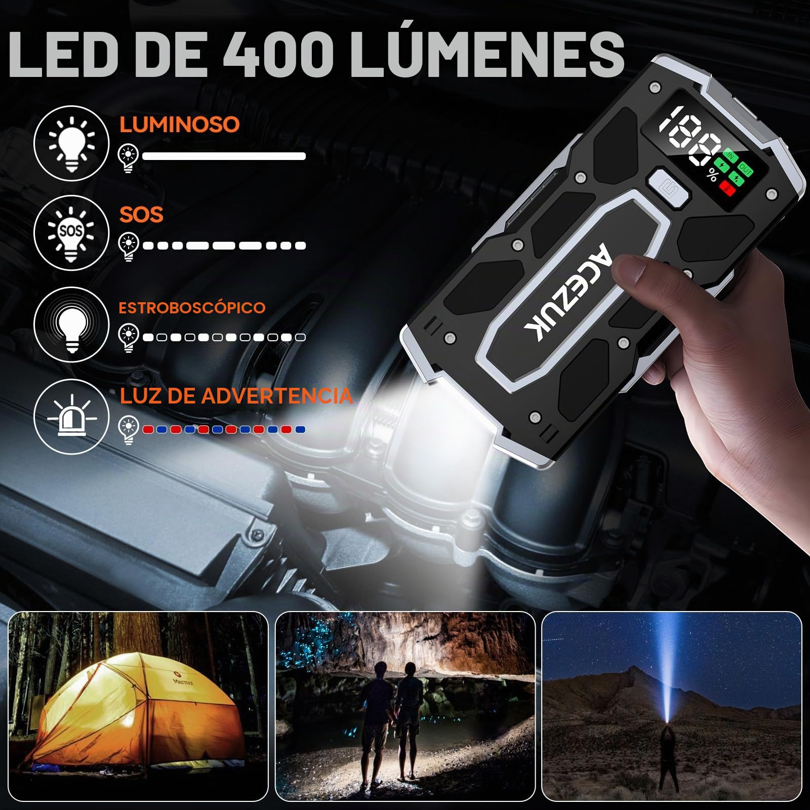 Acezuk, Arrancador de batería para vehículos, 7000 A, arrancador de Emergencia para Coche/Moto (10 L de Gasolina o 8 L de diésel), portátil, con luz LED/LCD y Puerto QC3.0