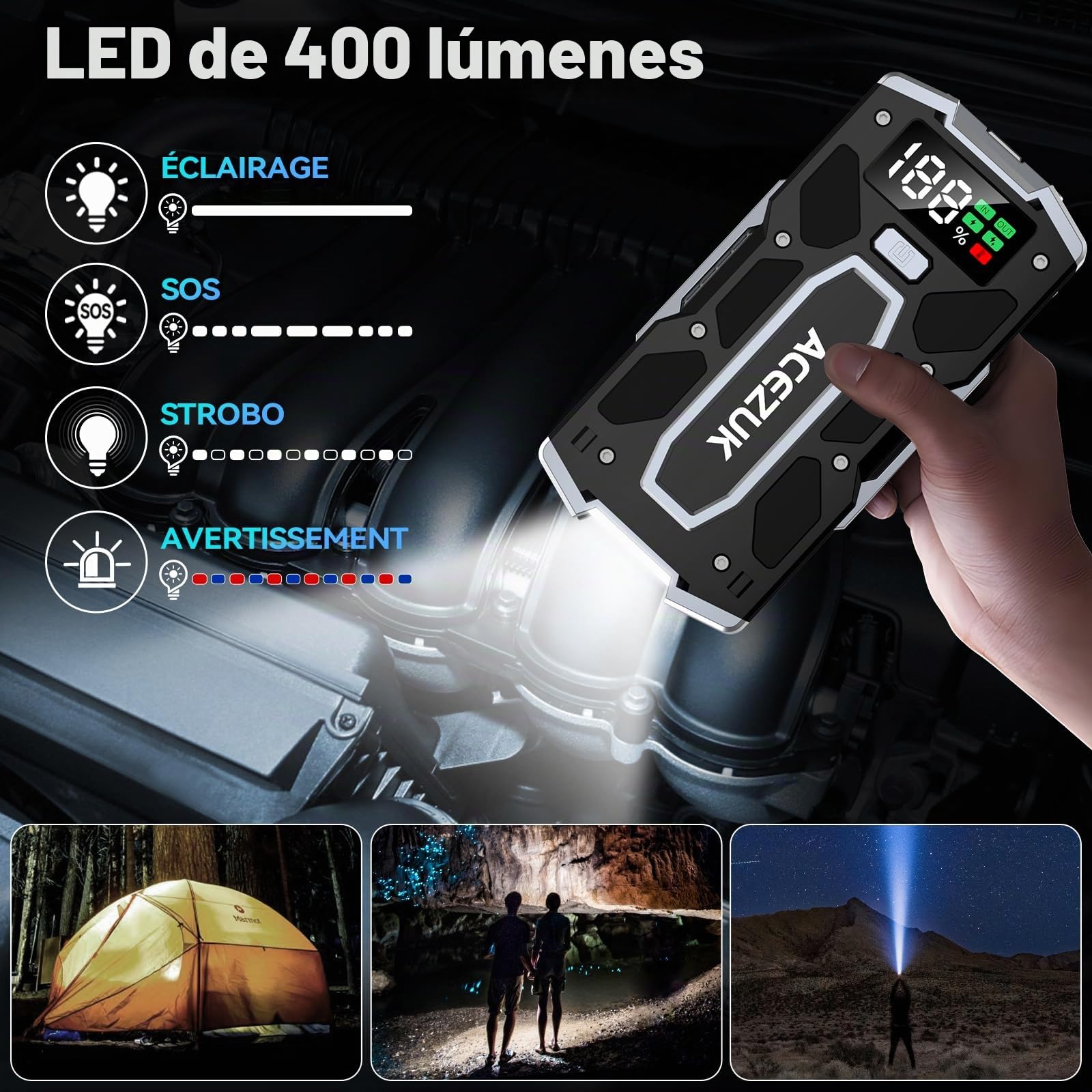 ACEZUK Arrancador de Coches, Jump Starter Portable, Arrancador de Baterias de Coche 3000A
