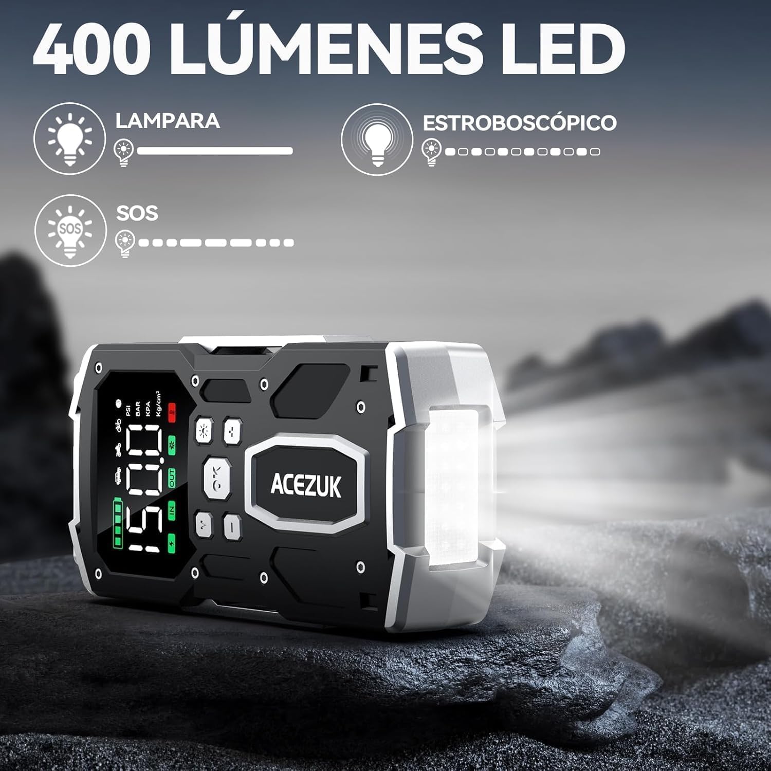 ACEZUK Arrancador de Batería de Coche 9000A, Compresor de Aire 150PSI, Arrancador de Coches para Vehículo(Toda Gasolina o 10L Diésel), 12V Jump Starter con 400-Lumen LED