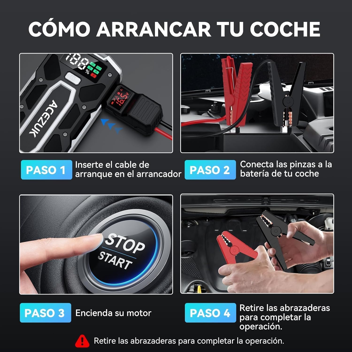 ACEZUK Arrancador de Coches 10000A, Arrancadores de Bateria de Coche Portátil(hasta 8.0L de diésel o 10.0L de Gasolina), 12V Jump Starter, Pinzas Inteligentes con Pantalla, Luz LED, Puerto QC3.0