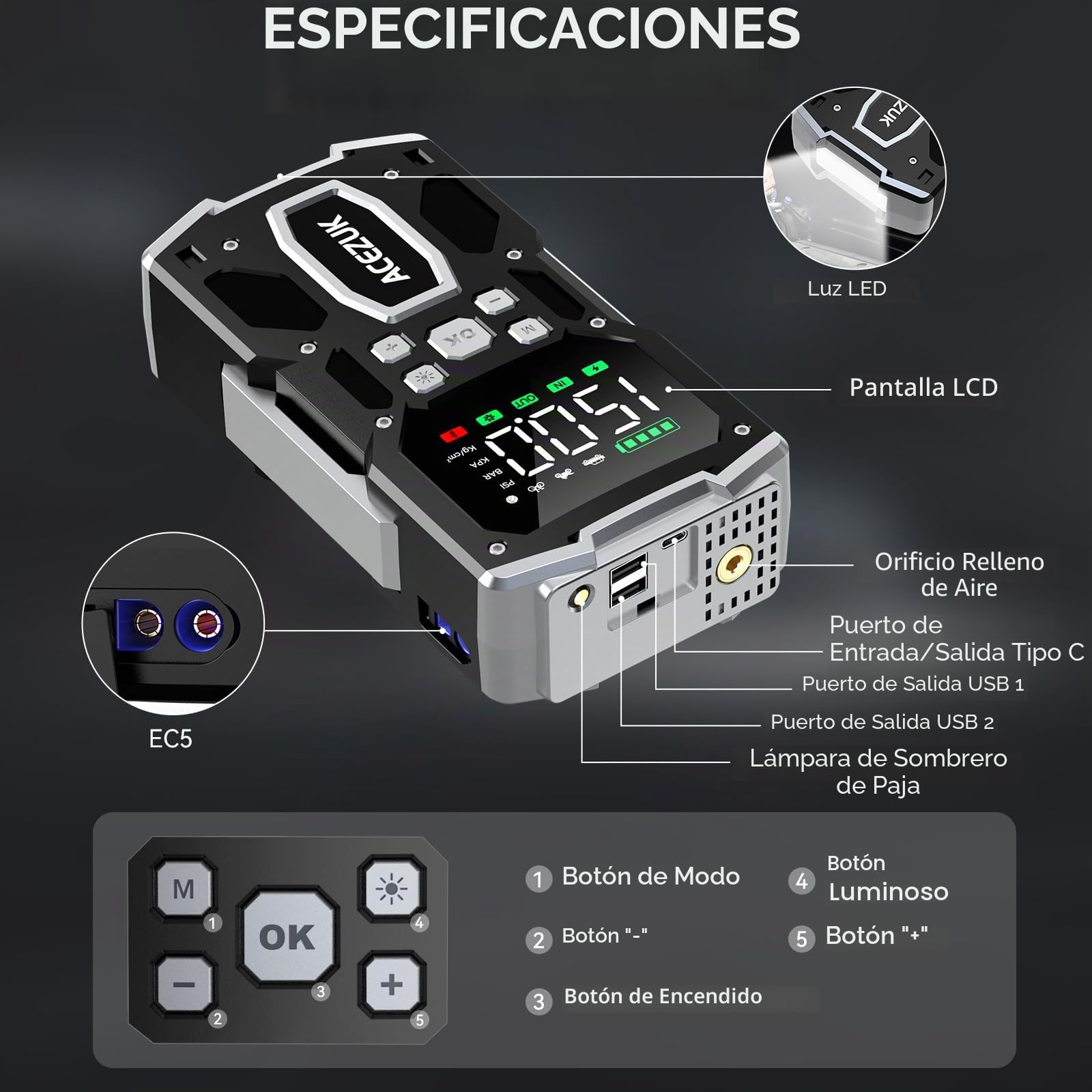 ACEZUK - Arrancador de batería de Coche con compresor de Aire, 4000 A, inflador de neumáticos de 150 PSI, 26 800 mAh, 12 V, para Coche de Gasolina o diésel de 10 L, led de 4000 lúmenes