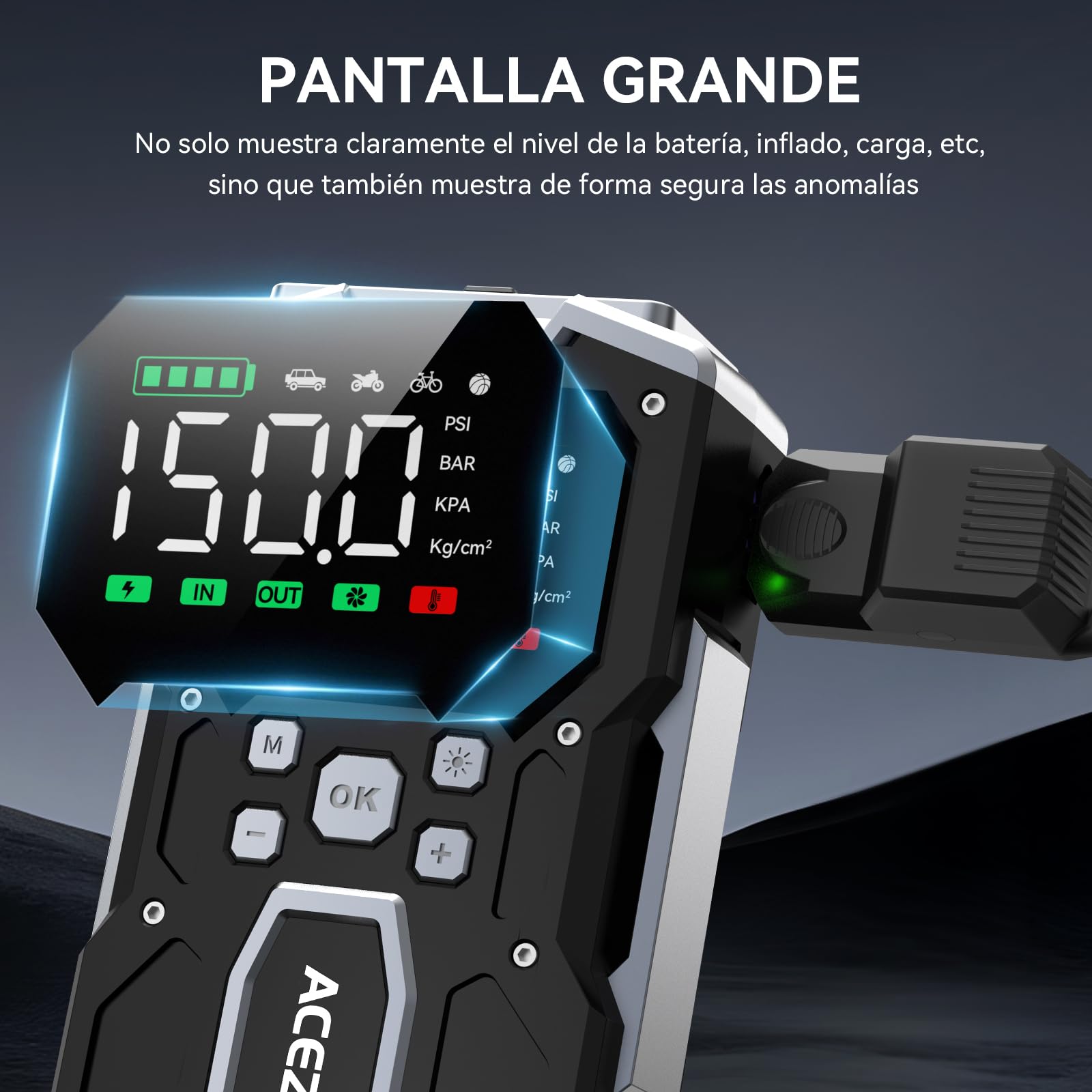 ACEZUK Arrancador de Batería de Coche 9000A, Compresor de Aire 150PSI, Arrancador de Coches para Vehículo(Toda Gasolina o 10L Diésel), 12V Jump Starter con 400-Lumen LED