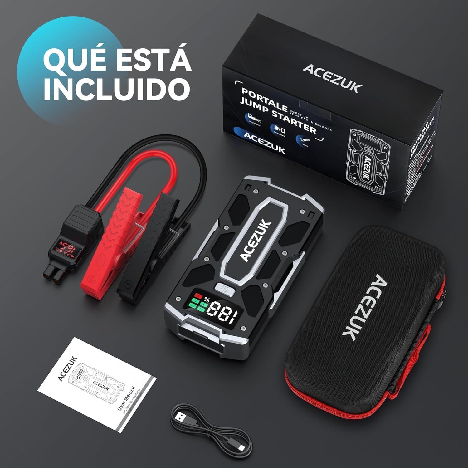 ACEZUK Arrancador de Coches 10000A, Arrancadores de Bateria de Coche Portátil(hasta 8.0L de diésel o 10.0L de Gasolina), 12V Jump Starter, Pinzas Inteligentes con Pantalla, Luz LED, Puerto QC3.0