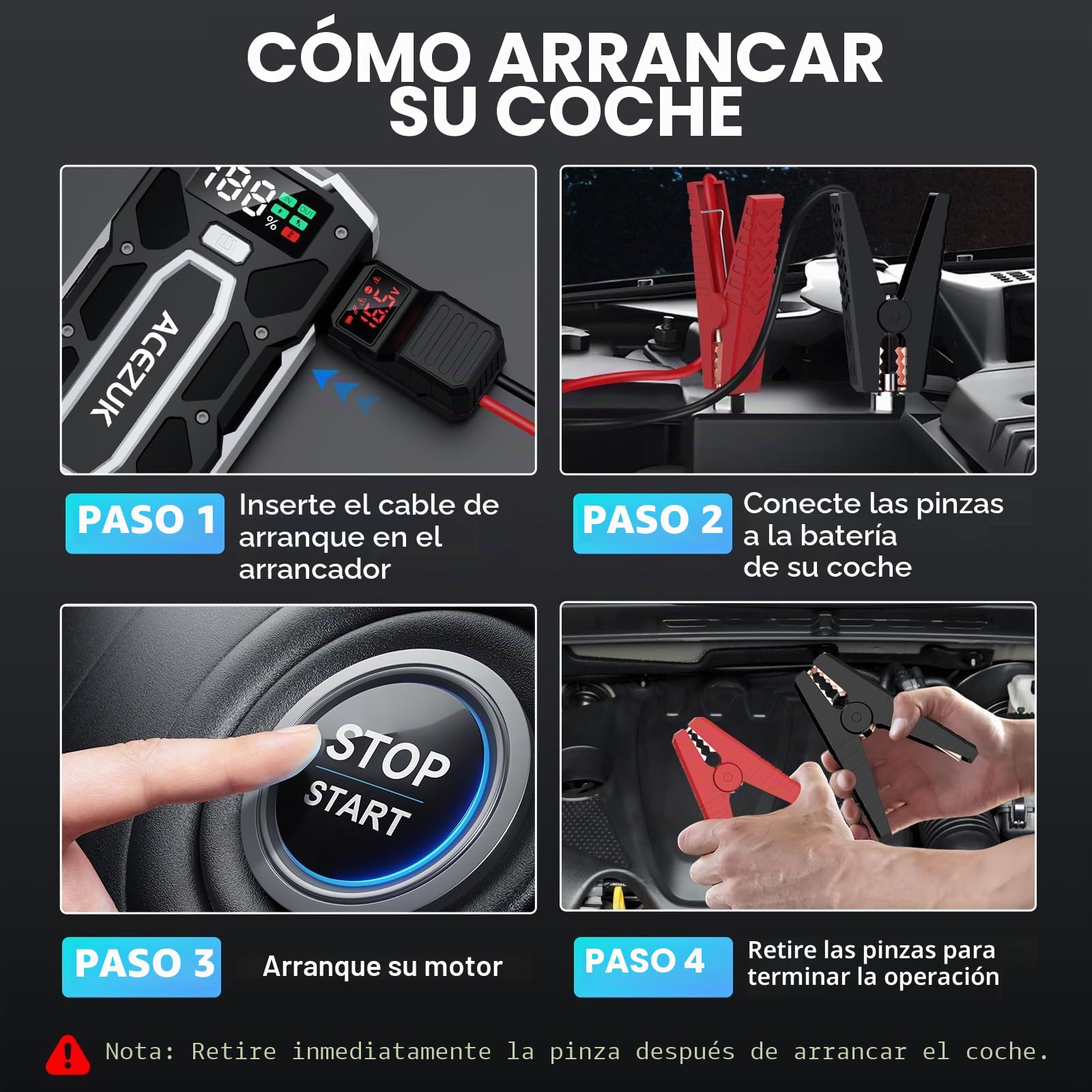 ACEZUK Arrancador de Coches, Jump Starter Portable, Arrancador de Baterias de Coche 3000A