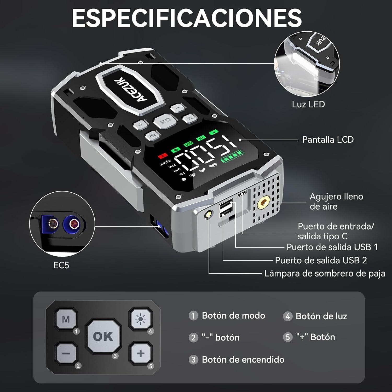 ACEZUK Arrancador de Batería de Coche 9000A, Compresor de Aire 150PSI, Arrancador de Coches para Vehículo(Toda Gasolina o 10L Diésel), 12V Jump Starter con 400-Lumen LED