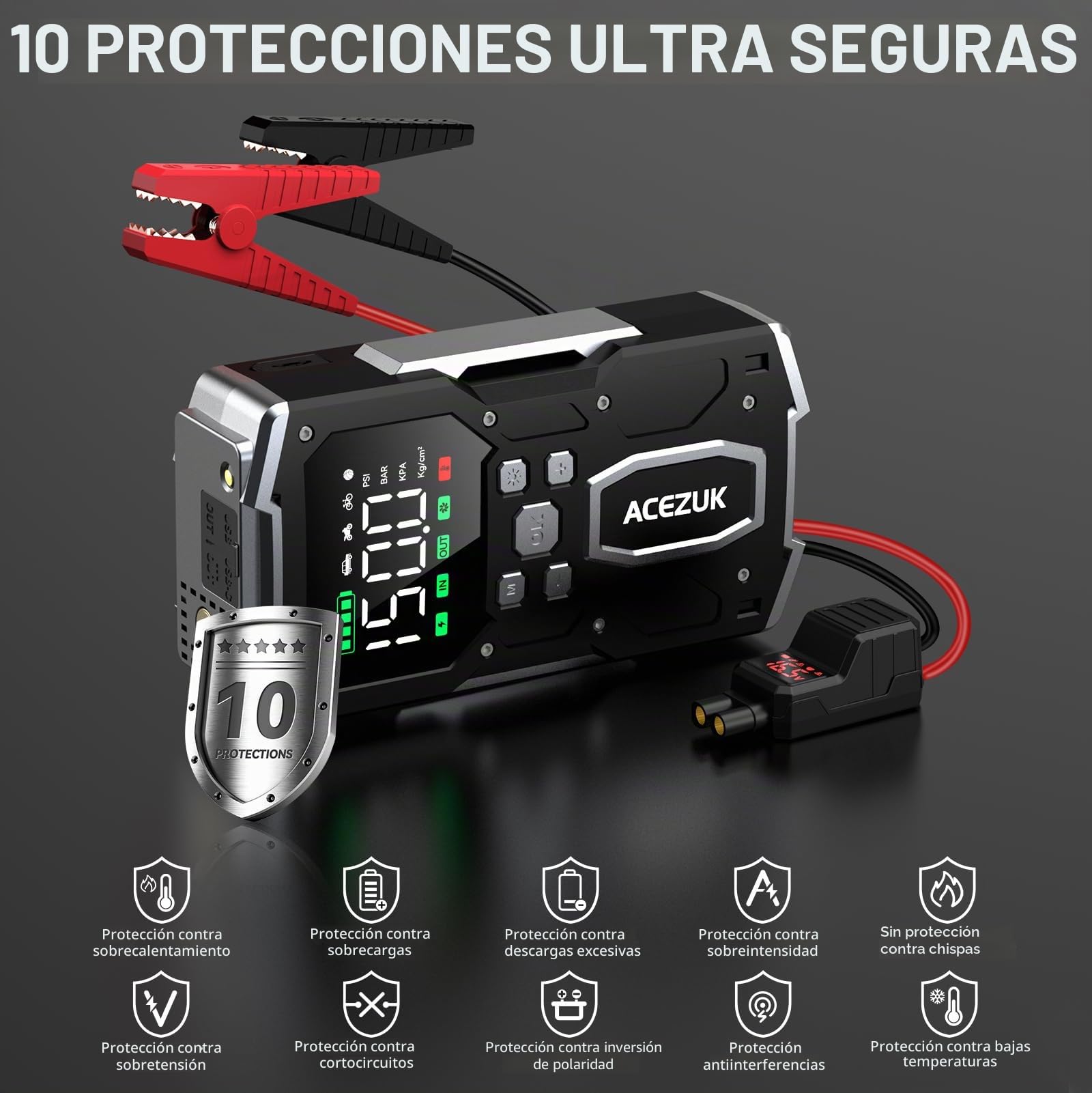 ACEZUK - Arrancador de batería de Coche con compresor de Aire, 4000 A, inflador de neumáticos de 150 PSI, 26 800 mAh, 12 V, para Coche de Gasolina o diésel de 10 L, led de 4000 lúmenes