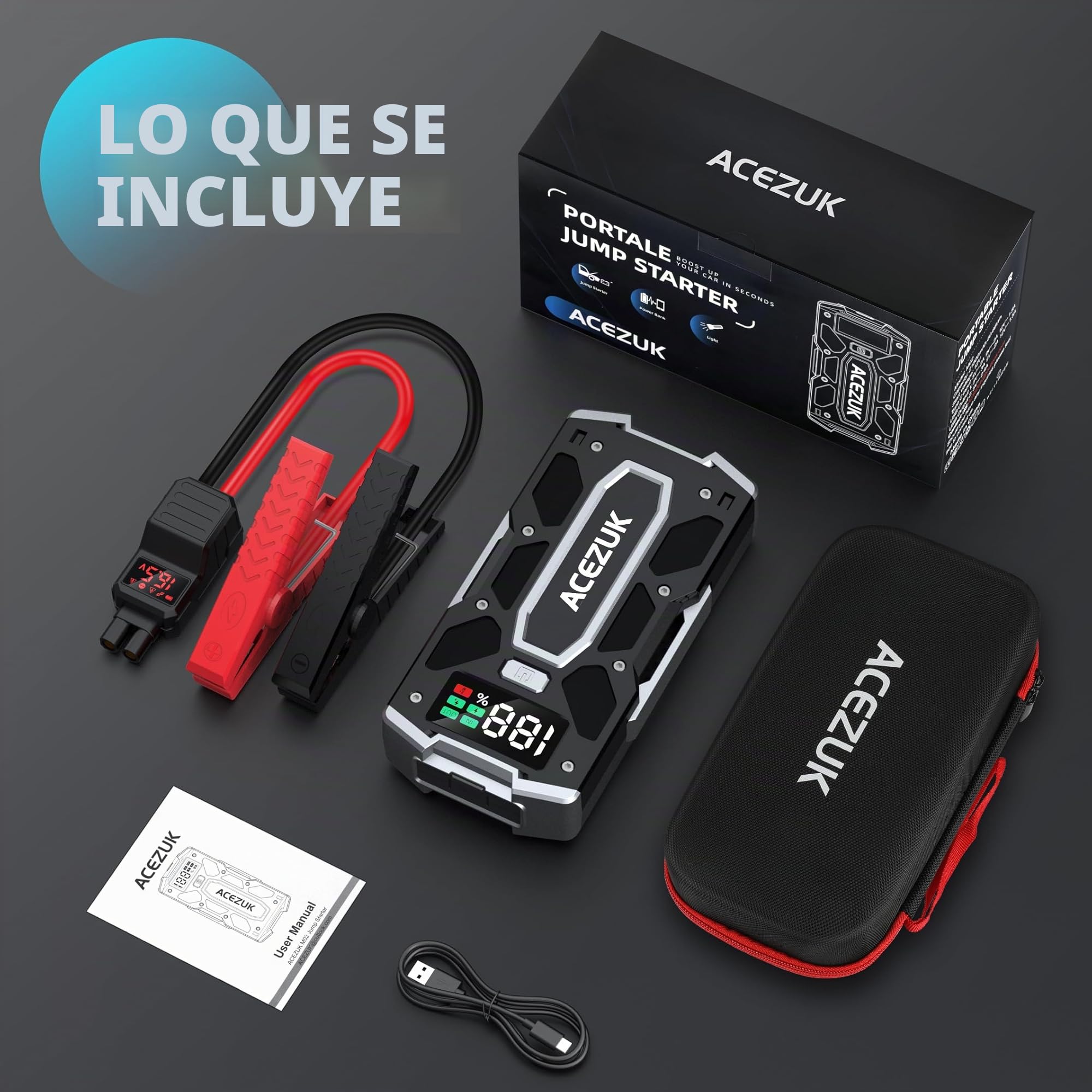 ACEZUK Arrancador de Coches, Jump Starter Portable, Arrancador de Baterias de Coche 3000A