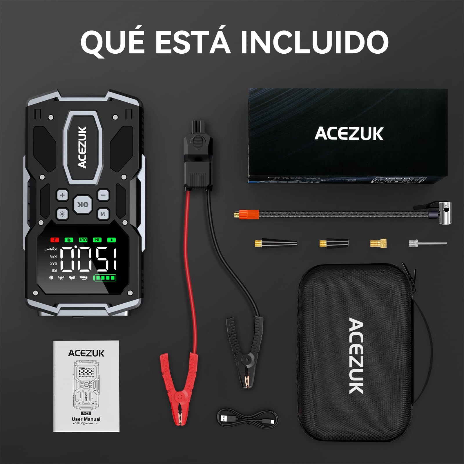 ACEZUK Arrancador de Batería de Coche 9000A, Compresor de Aire 150PSI, Arrancador de Coches para Vehículo(Toda Gasolina o 10L Diésel), 12V Jump Starter con 400-Lumen LED