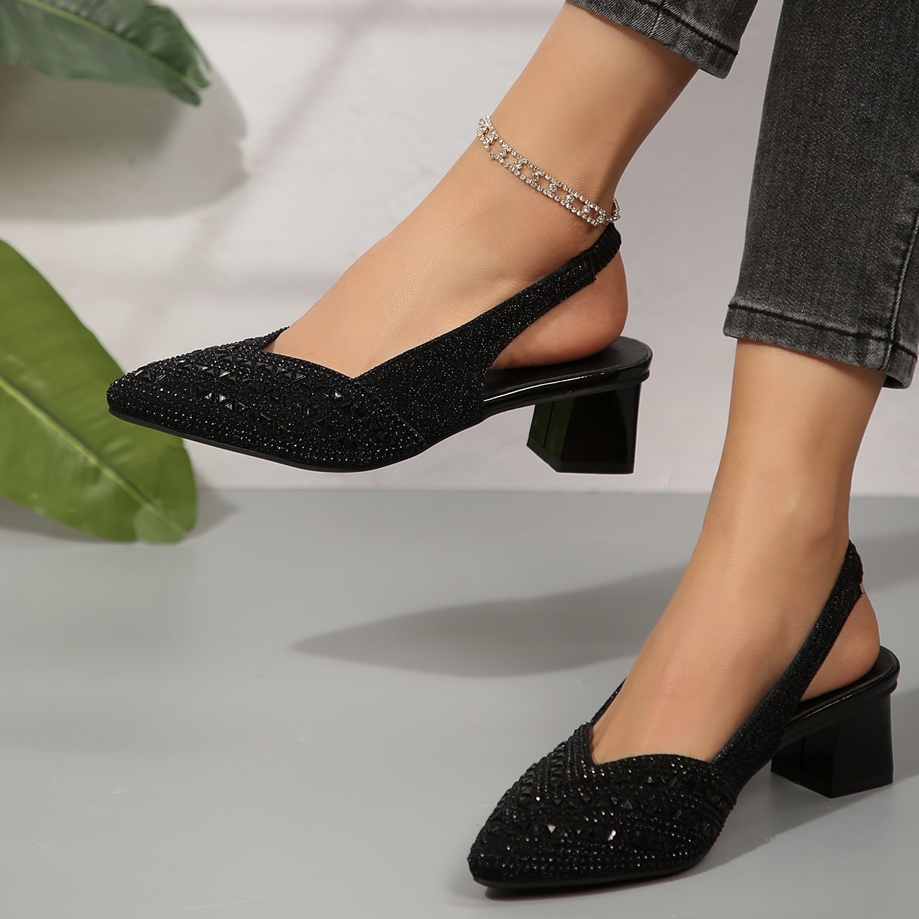 Women'S Elegant Rhinestone Slip On Heel Sandals