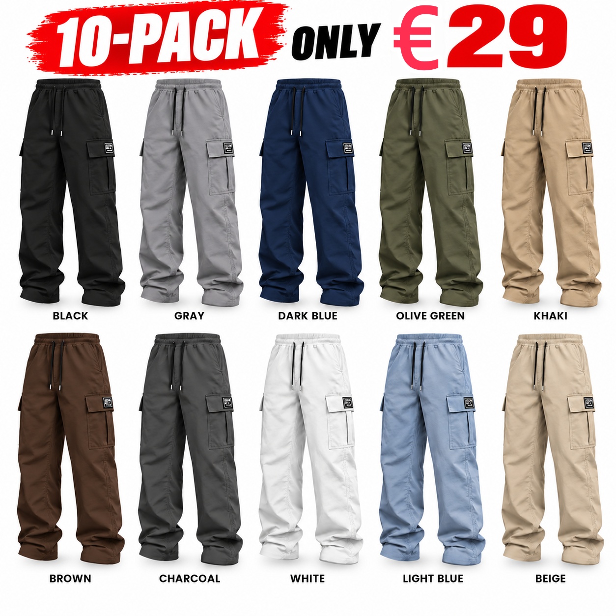 Men's cargo pants, solid-color casual loose-fit cargo trousers.