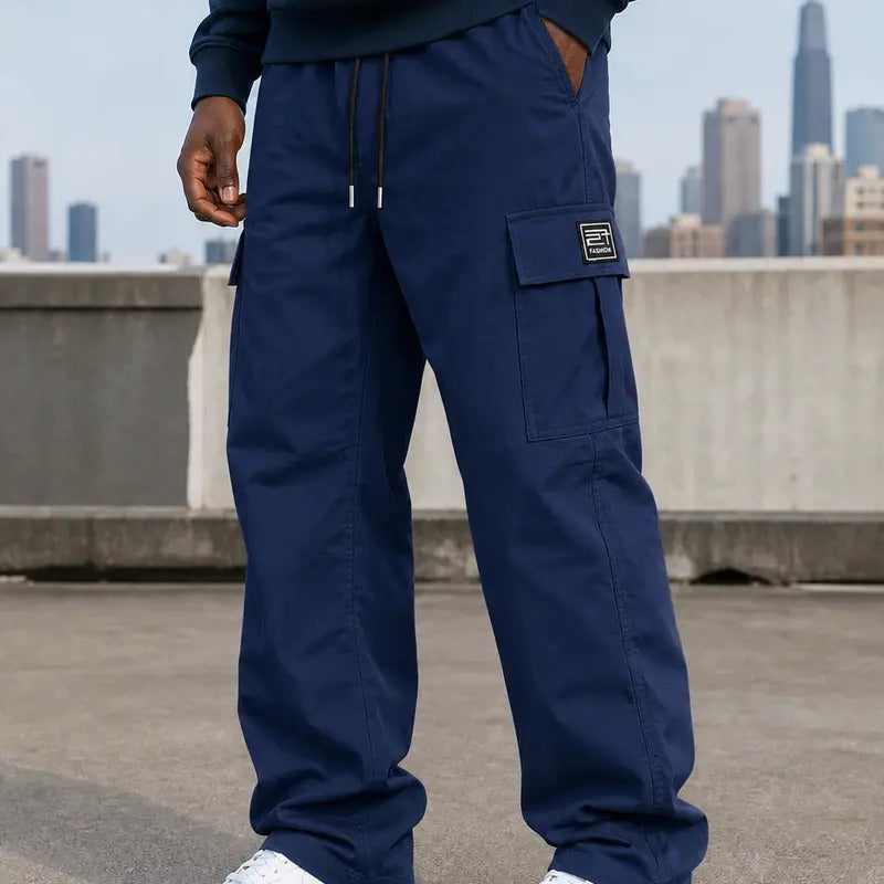 Men's cargo pants, solid-color casual loose-fit cargo trousers.