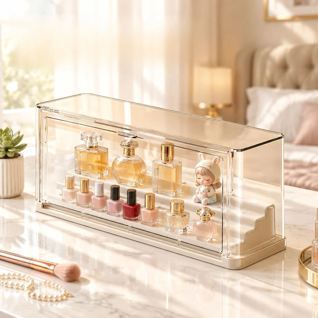 Multi-tiered desktop storage box
