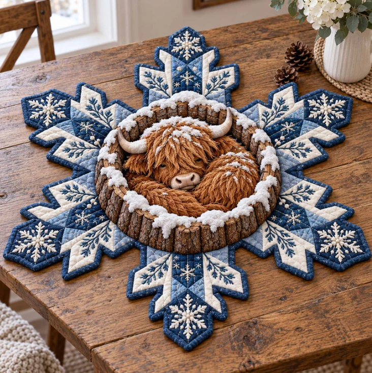 Winter Snowflake Star Sleeping Highland Cow Quilted Table Topper
