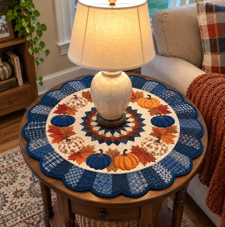 Blue Plaid Pumpkin Autumn Leaf Quilted Table Topper
