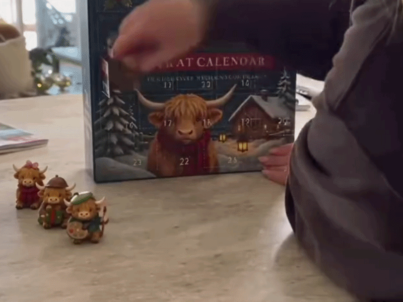 Suggested image: main product photo of the Sevinq 24 Days of Highland Cow Advent Calendar with the calendar box and multiple cow characters