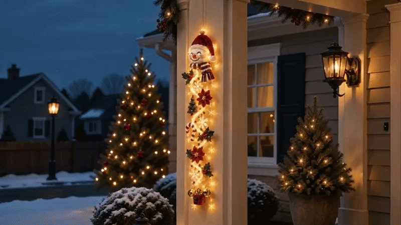 Suggested image: wide hero lifestyle photo of a glowing Christmas door hanger beside a front door at dusk, showing the tall vertical format and warm light