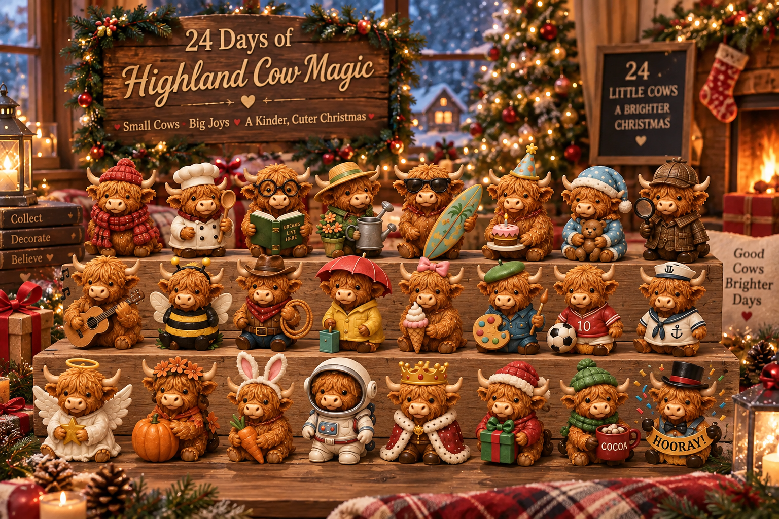 Suggested image: Christmas Eve scene with all 24 Highland Cow collectibles arranged together as a complete herd