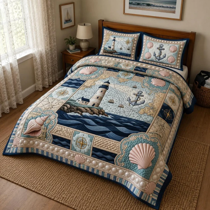 Coastal Lighthouse 3-Piece Quilted Bedding Set