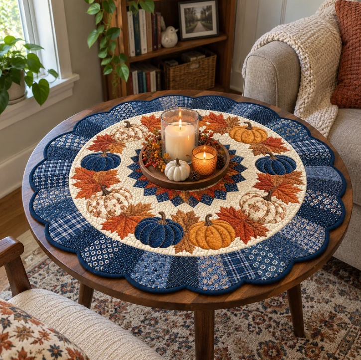 Blue Plaid Pumpkin Autumn Leaf Quilted Table Topper
