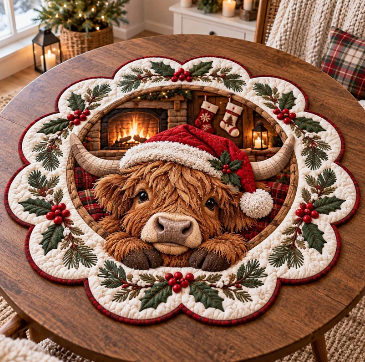 Santa Hat Highland Cow Holly Quilted Table Topper