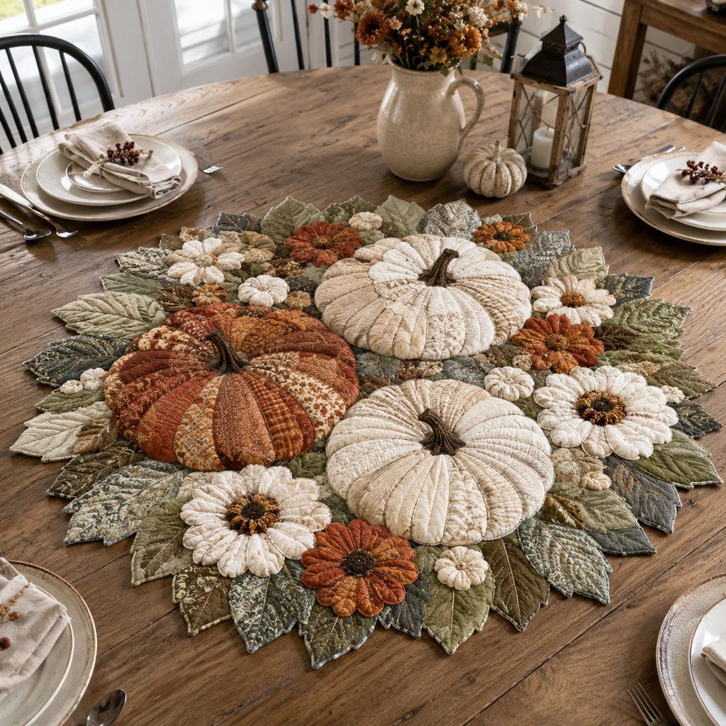 Vintage Fabric Pumpkin Daisy Autumn Leaf Quilted Table Topper
