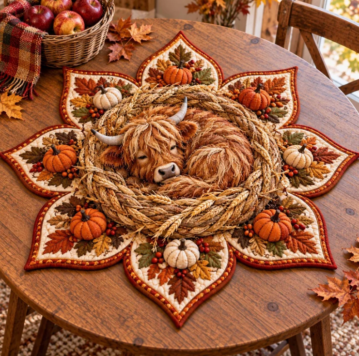 Autumn Maple Highland Cow Thanksgiving Quilted Table Topper