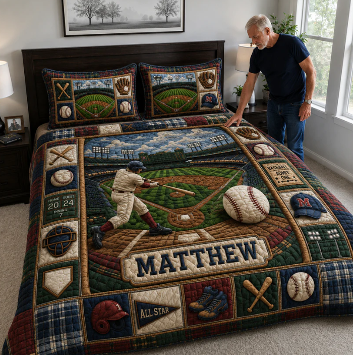 Personalized Baseball 3-Piece Quilted Bedding Set
