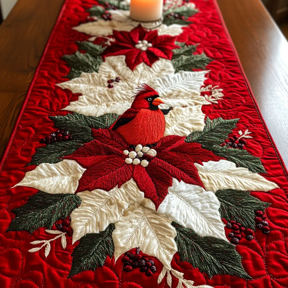 Crimson Cardinal Christmas Quilted Table Runner