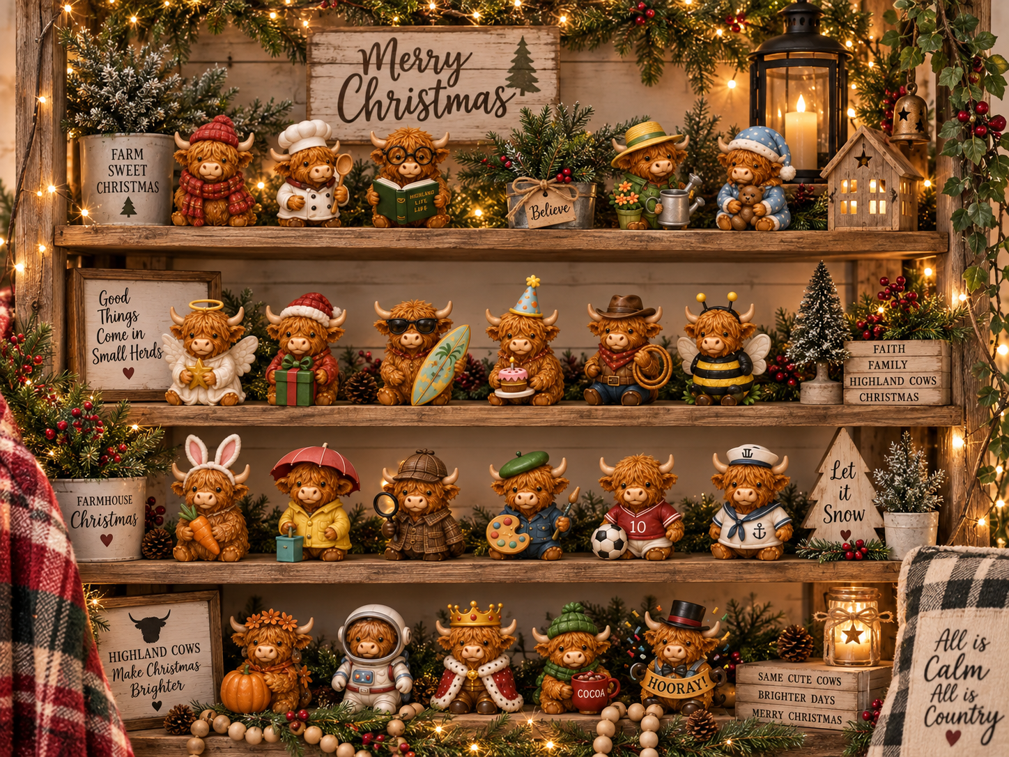 Suggested image: rustic farmhouse Christmas shelf styled with several Highland Cow collectibles, greenery, wood accents, and warm lights