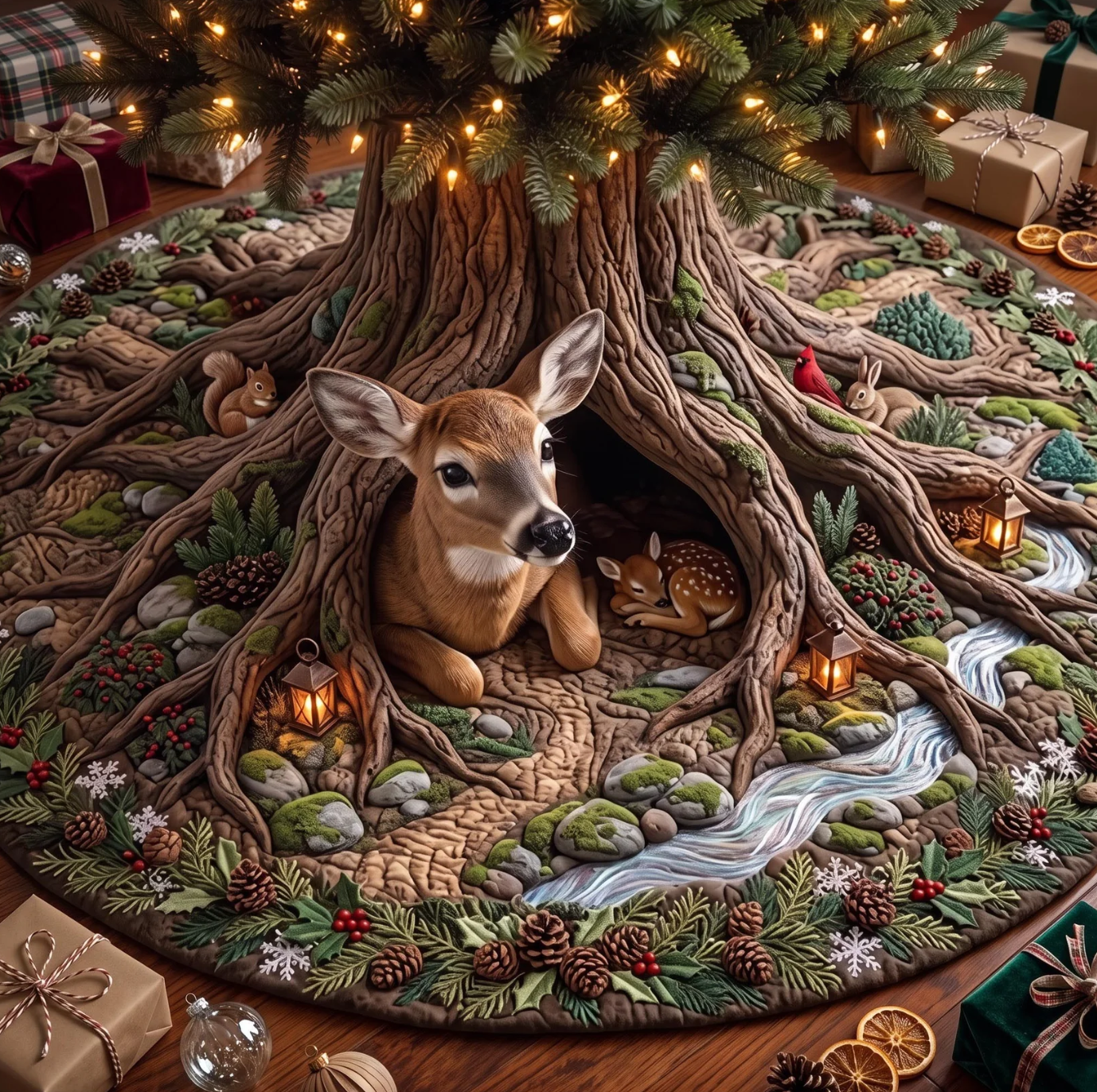 Deer Haven Forest Tree Hole Quilted Christmas Tree Skirt